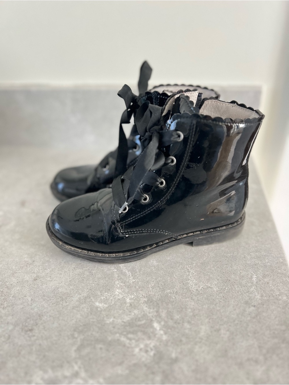 L'Amour Girls Black Patent Ribbon Lace Ankle Boots